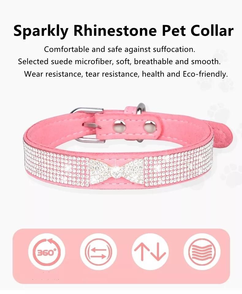 Amazon Hot Selling Bow Crown Pet Cat Collars Jeweled Genuine Leather Dogs Collar