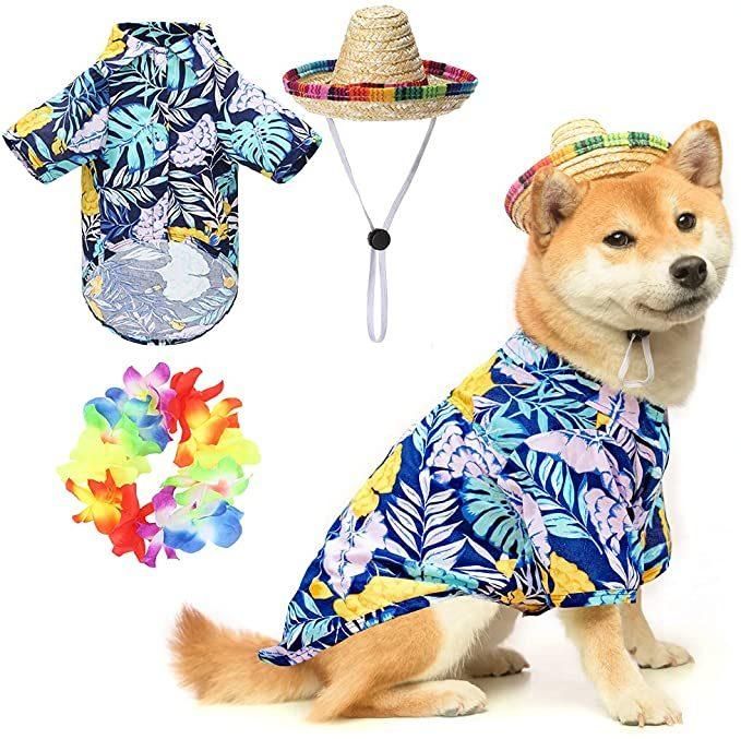 Hawaii Dog T-Shirt Set Summer Pet Clothes Apparel with Straw Hat and Garland