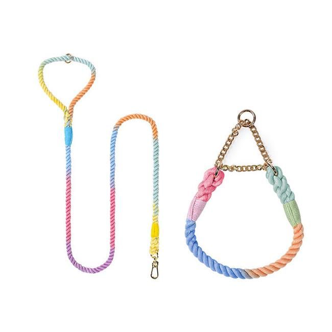 Long Dog Training Leash Slip Rope No Pull Cotton Ombre Woven Strong Running Dog Leash Collar Set