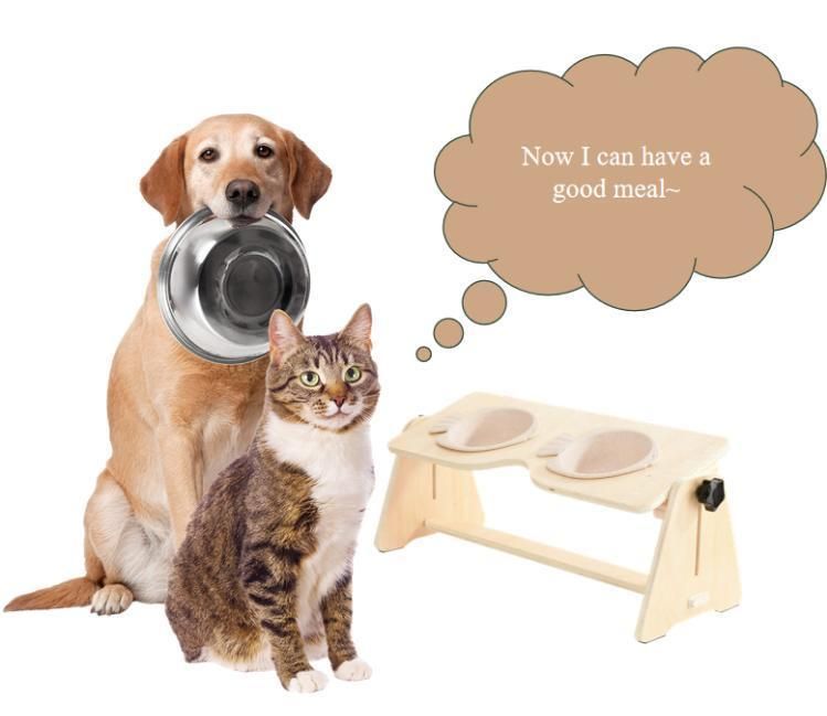 Bamboo Wooden Cat Bowl Holder Double Bowl Adjustable Height Pet Feeder Protects Cervical Vertebra Wooden Pet Bowl Holder
