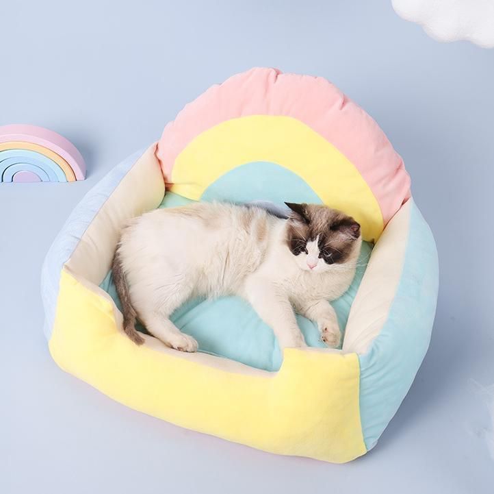 Wholesale Small Colorful Warm Pet Cat Sofa Rainbow Cozy Dog Sofa Bed with Cushion