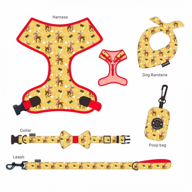 Wholesale Custom Logo Sublimation Christmas Style Patterns Dog Leash Collar and Harness Set with Bandana