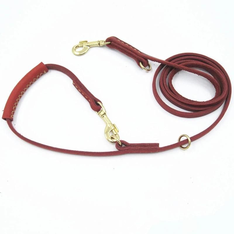 Factory Wholesale Handmade Leather Dog Leash with Two Training Loops.