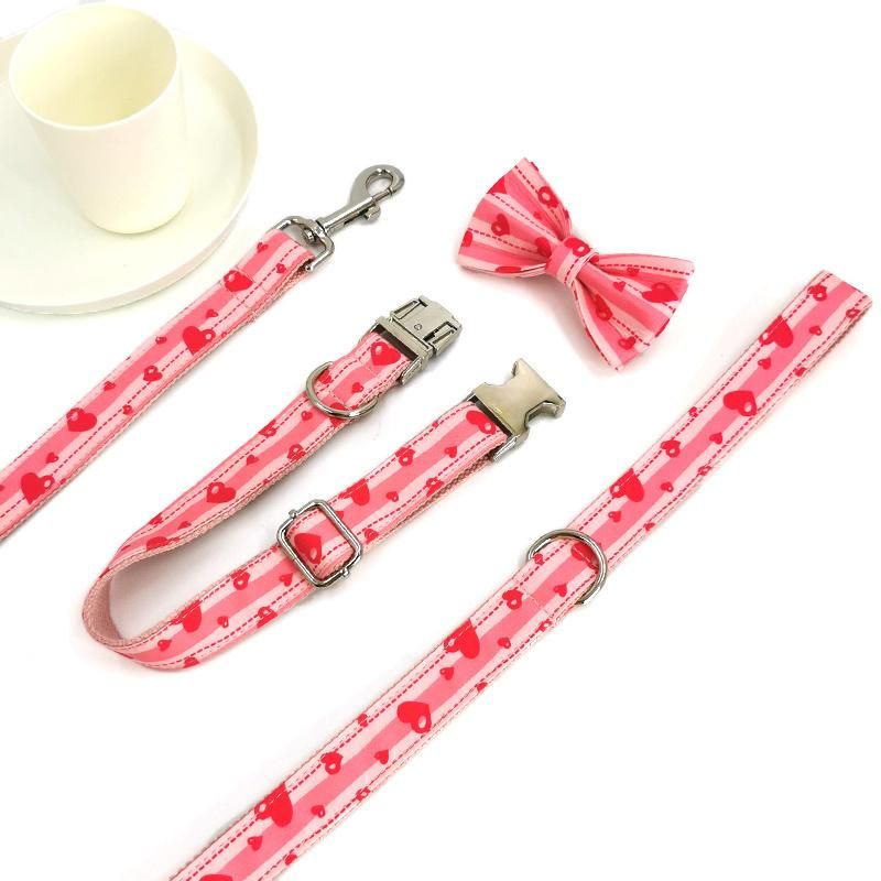 Cute Design Princess Style Pink Heart Printing Personalized Cat Bow Tie Dog Collar Pet Dog Collar and Leash Set