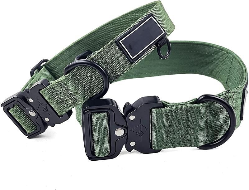 Heavy Duty Custom Green Tactical Dog Collar with Strong Metal Buckle, Adjustable Training Dog Collar