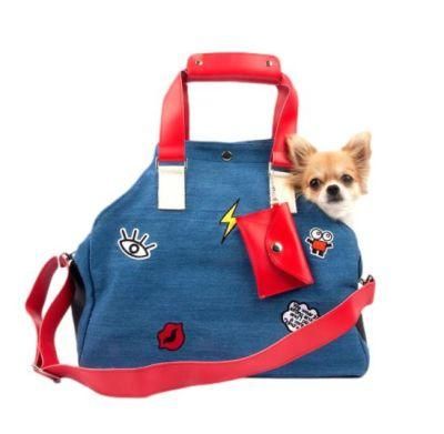 Denim Cozy Dog Cat Carrier Bag with Constract Color Strap OEM Patches