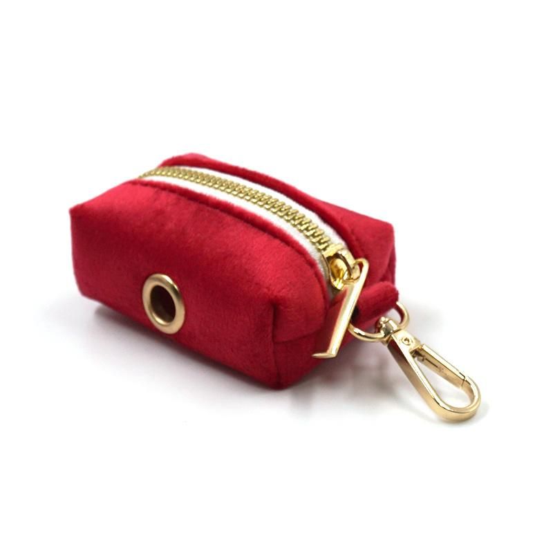 Red Velvet Dog Poo Bag Pouch High End Factory Luxury Custom Poop Bag Holder Private Label Christmas Gift Pet Poop Bag Dispenser