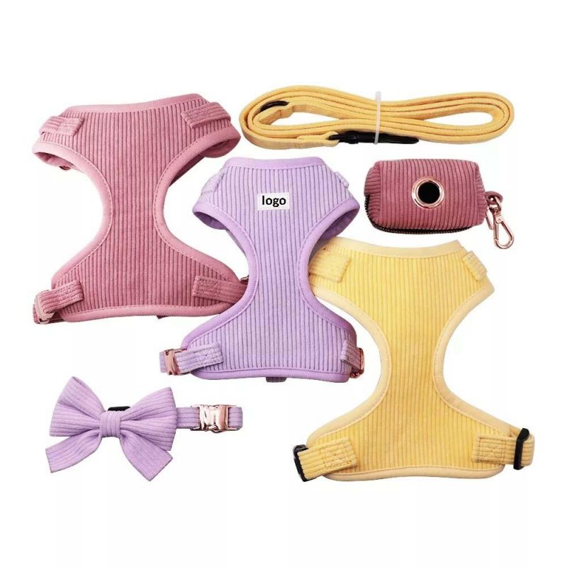 Corduroy Fabric Dog Harness Collar Leash Set with Gold Metal Buckle, Velvet Pet Accessory