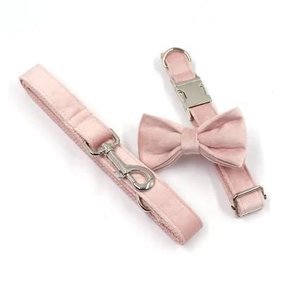 Durable Soft Velvet Dog Collar and Leash Fashion Cute Pink Dog Lead and Collar Set Bowtie Adjustable Metal Buckle Dog Collar