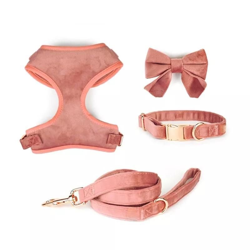 Luxury Dog Collar and Leash Velvet Custom Pet Harness Set Poop Bag W/ Gold Metal Buckle, Dog Harness