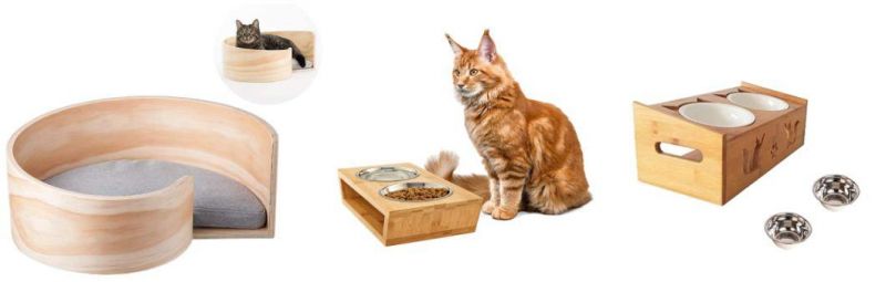 Adjustable Height Pet Bowl with Bamboo Stand for Cats Dogs