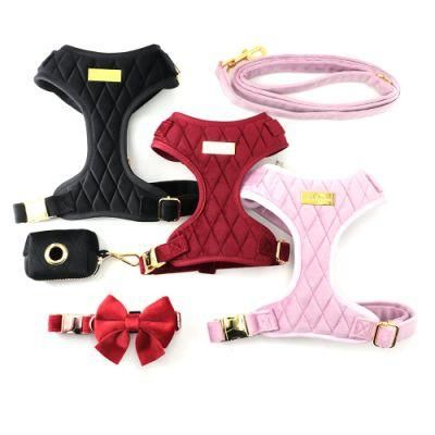 New Arrival Luxury Velvet Grid Pet Harness Set with Matching Collar Leash Reversible Dog Harness Vest