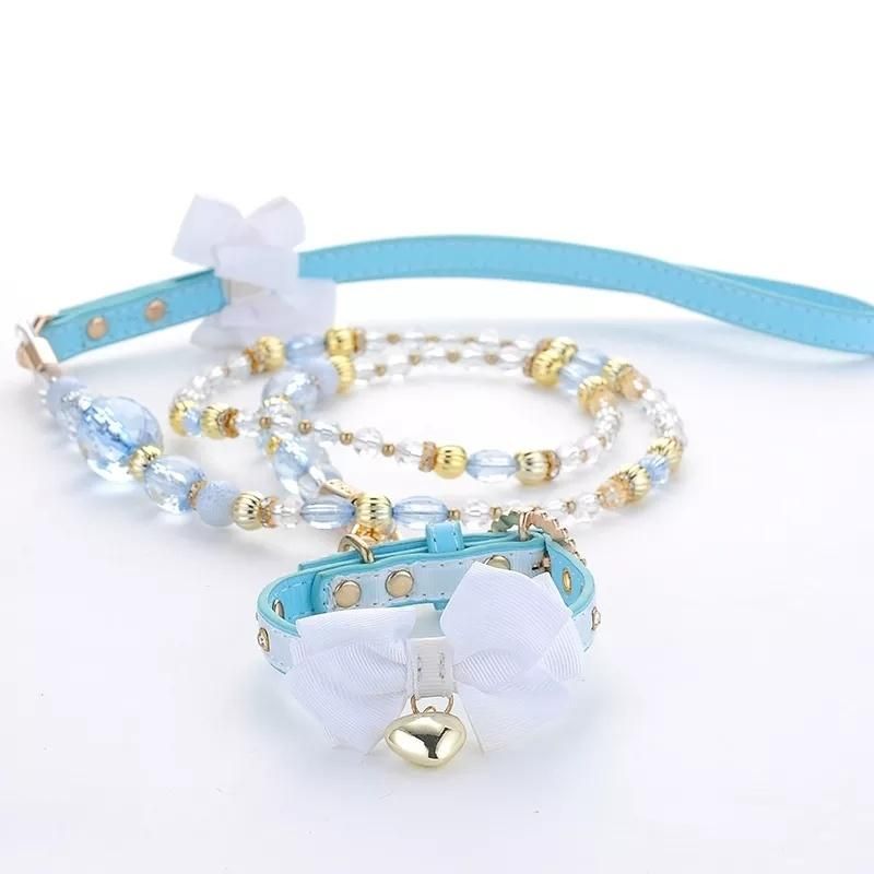 Fashion Jeweled Blue Bow Leather Dog Collars for Cat Small Dog Collares Necklace Designers Pet Accessories
