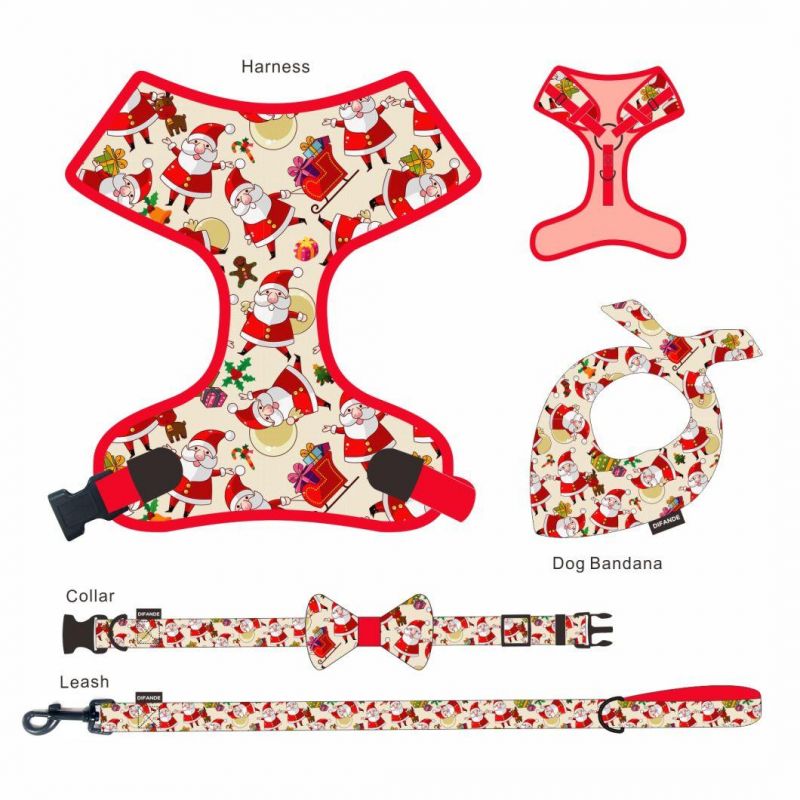 Manufacturer Custom Leash and Collar Set Adjustable Neoprene Christmas Style Dog Harness Bowtie 7 PCS Set