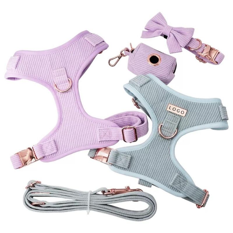 Velvet Corduroy Fabric Adjustable Dog Harness Collar Leash Set with Poop Bag Holder