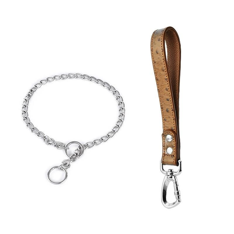 Customized Designer Personal Logo Small Order Metal Chain Big Dog Collar and Leash Set Made Real Leather with Stainless Steel