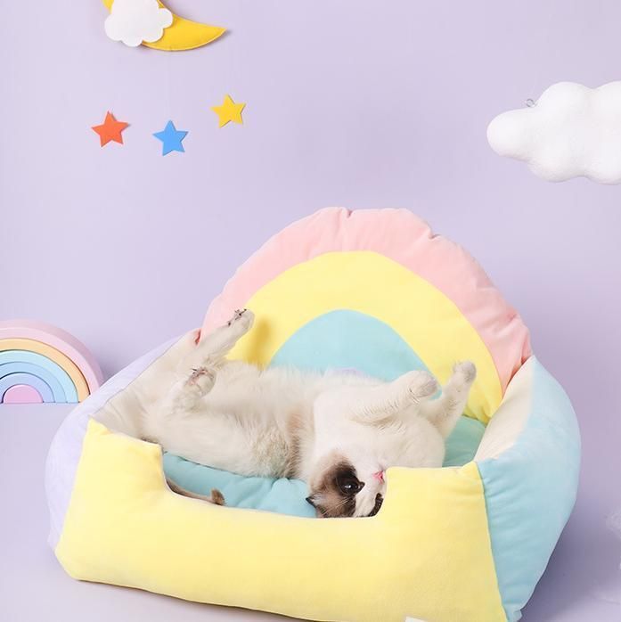 Wholesale Small Colorful Warm Pet Cat Sofa Rainbow Cozy Dog Sofa Bed with Cushion