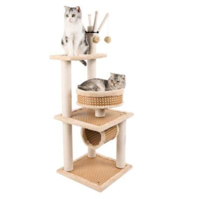 Summer Natural Supply Wood Rattan Mat Hemp Rope Large Pet Furniture Cat Tree Tower House Tree Scratcher Tree for Big Cat and Small