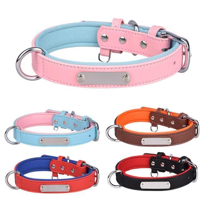 Leather Dog Collar Brass Buckle Soft Neoprene Padded Dog Collar