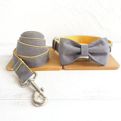 Dog Collar and Leash Set Adjustable England Gentleman&prime; S Design Grey Dog Collar Leash Bow Tie for Small Medium Large Dogs