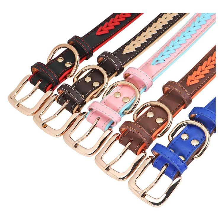 Classic Braided Genuine Leather Dog Collar Soft Padded PU Leather Inner Collar with Engraved Brass Nameplate