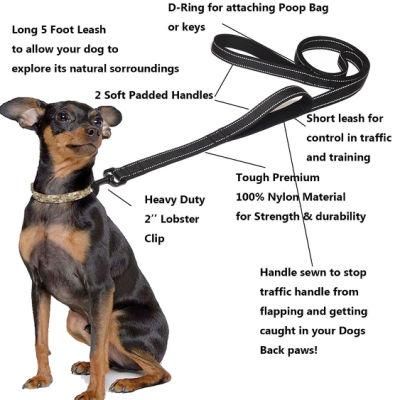 Custom Nylon Reflective Two Double Handle Traffic Pet Dog Leash