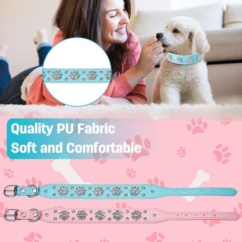 Dog Collar Cute Flower Rhinestone Dog Cat Collar PU Leather Pet Collar