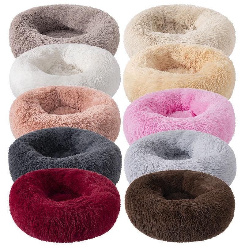 Plush Faux Fur Donut Cuddler Cat Dog Bed, Throw Blanket Cushion for Pet (Multiple Sizes & Colors)