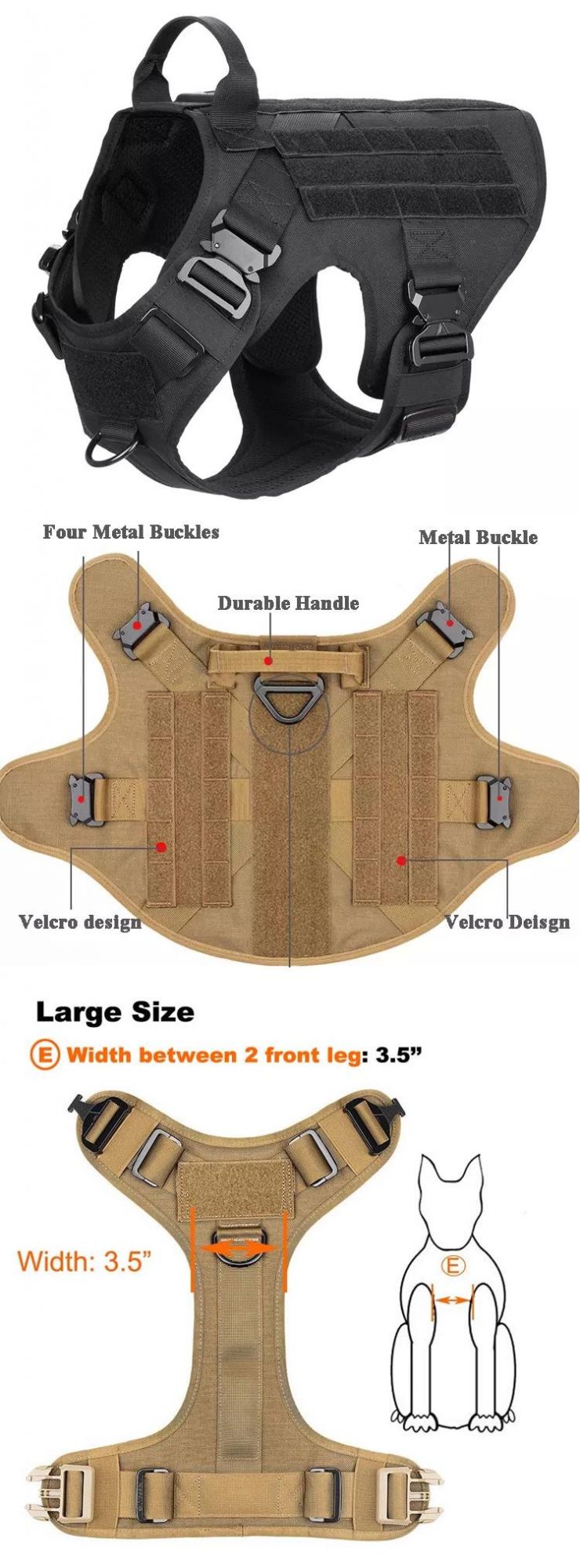 Outdoor Walking Training Pet Safety Vest and Durable Military Training with Traction Police Dog Leash and Collar