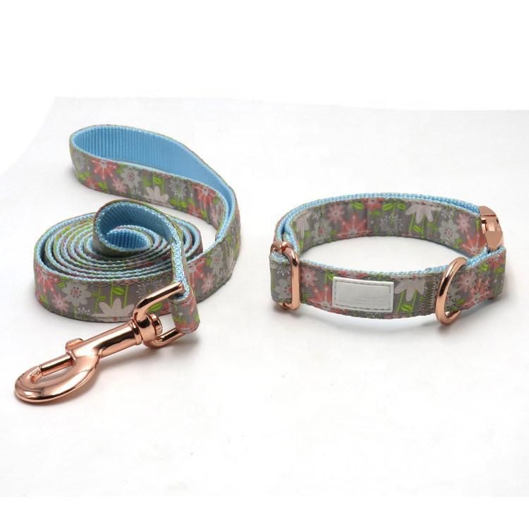 Personalized High Quality Luxury Cotton Nylon Gold Hardware Flower Dog Collars Pet Collar and Leash Set