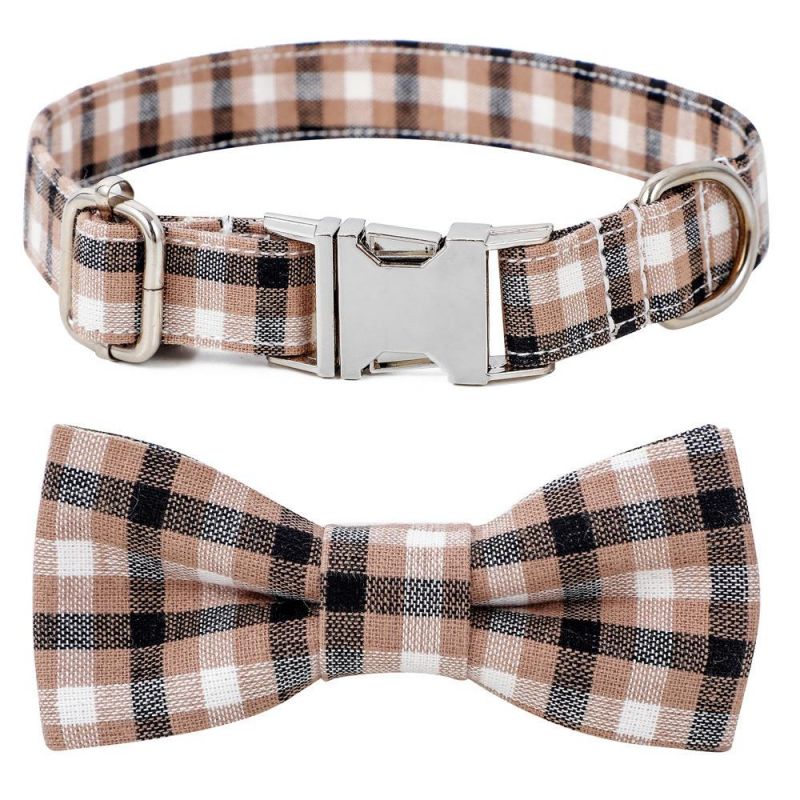 Wholesale Custom Logo Pet Supplier Polyester No Fade Plaid Silver Buckle Dog Collars with Bowtie