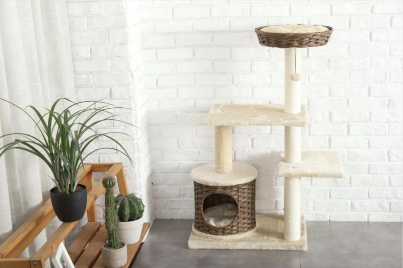 42.5" Tall Medium Cat Stand Condo House Rattan Cat Tree