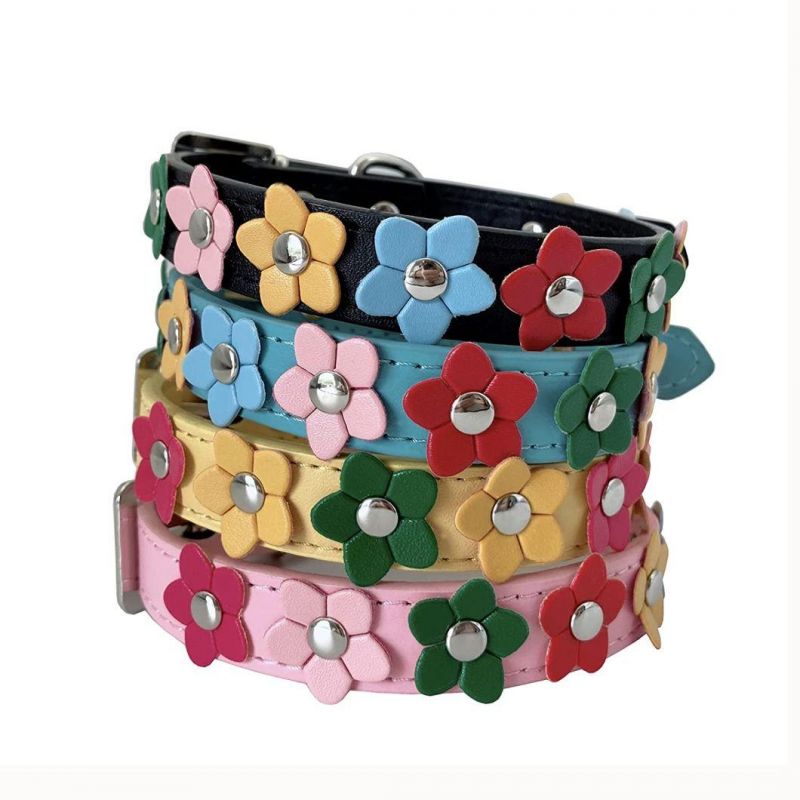 Leather Dog Collar Studded PU Flowers Pet Collar