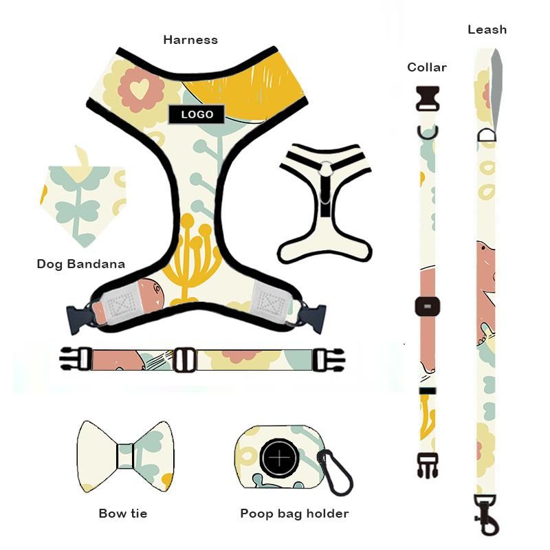 Pinkun Dongguan Product Top Seller Custom Design 2 in 1 Reversible Dog Harness Neoprene, Custom Adjustable Collar Bow Leash Harness and Bandana Sets