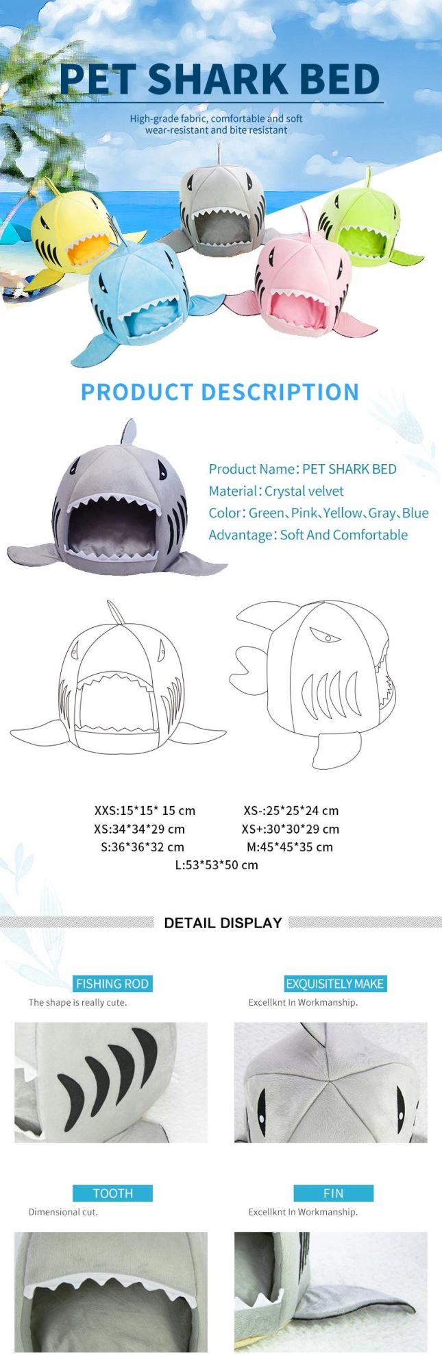 Popular Cartoon Shark Shaped Design Pet Keep Warm Beds Washable Detachable Pet Cat Cave Beds House