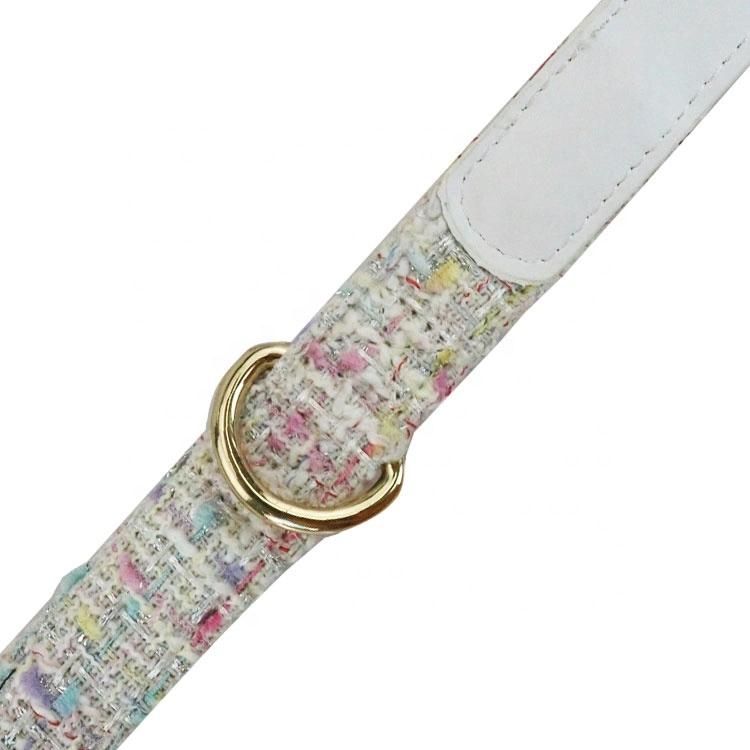 High Quality Luxury White Tweed Dog Leash with Leather Layer Rose Gold Metal Hook