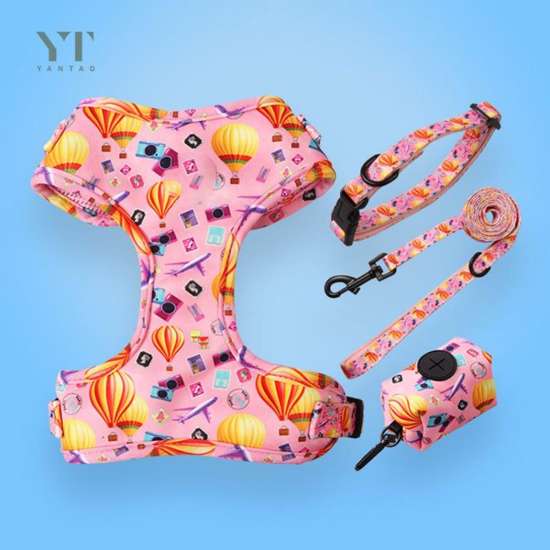 OEM Custom Designer Soft Padded Sublimation Patterns Pet Supplies Dog Leash Set Pet Neoprene Neck Adjustable Dog Harness