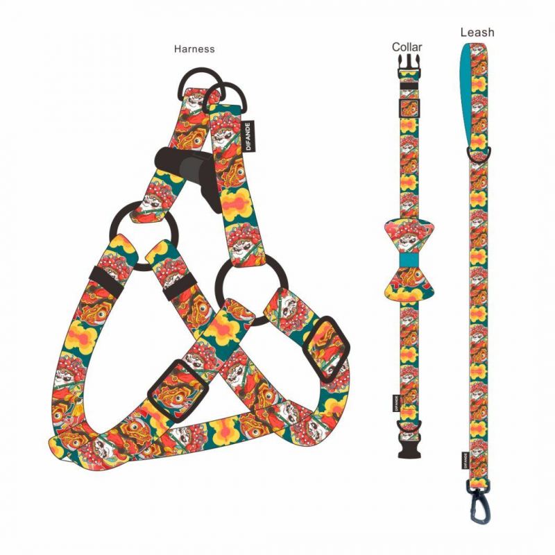 6 in 1 Personalized Sublimation Heavy Duty Polyester Cute Pet Collar Dog Harness and Leash Set