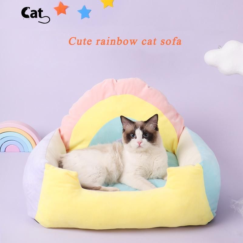 Wholesale Small Colorful Warm Pet Cat Sofa Rainbow Cozy Dog Sofa Bed with Cushion