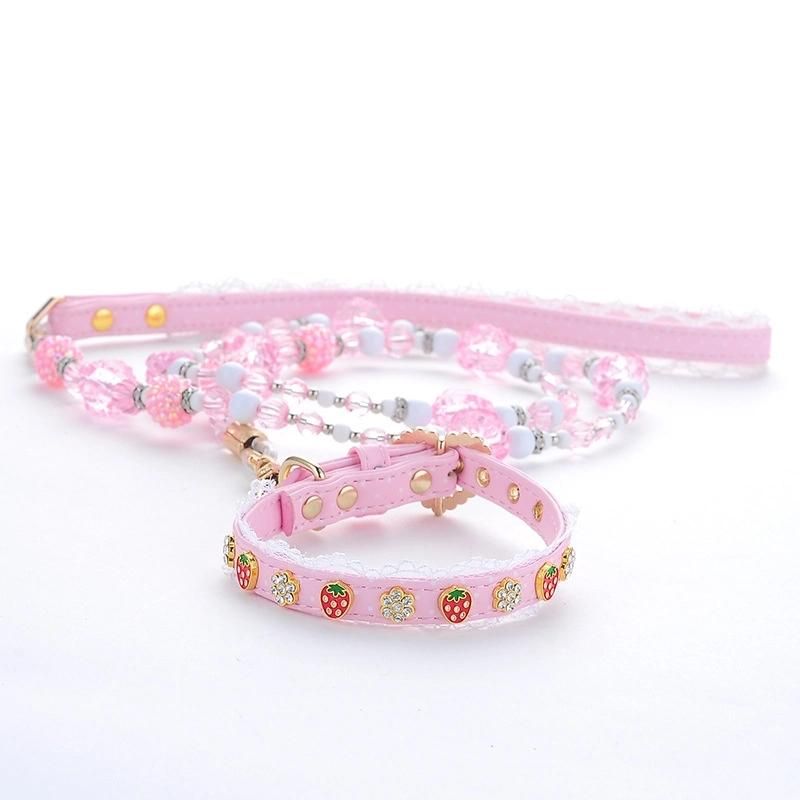 Cute Pink Strawberry Jeweled Crystal Dog Collar and Pet Leash Set