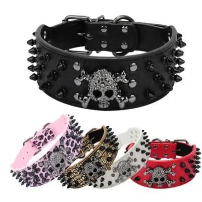 Large Dog Collar PU Pet Collar with Rivets and Skull Studded