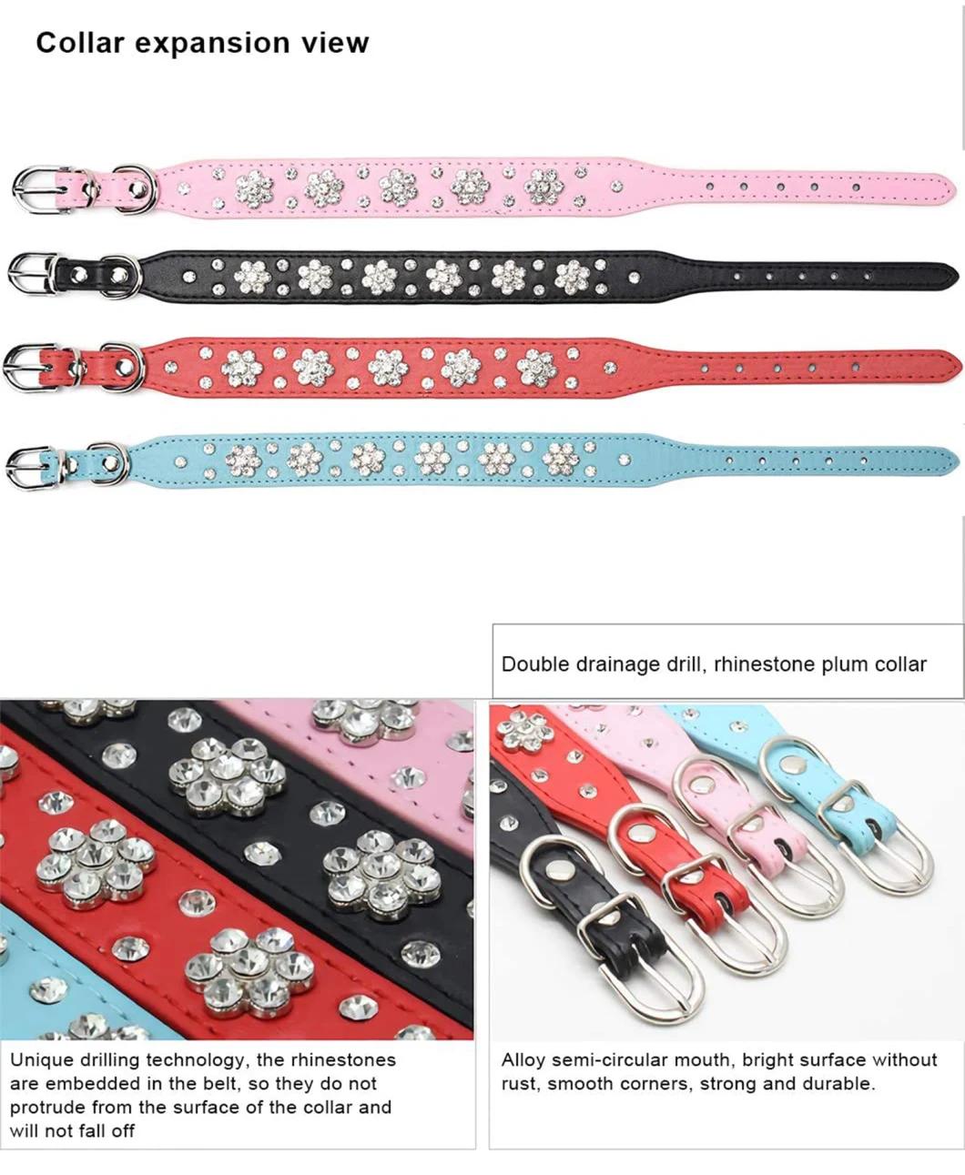 Rhinestones Flower Dog Collars Crystal Diamonds Studded PU Leather Pet Collar