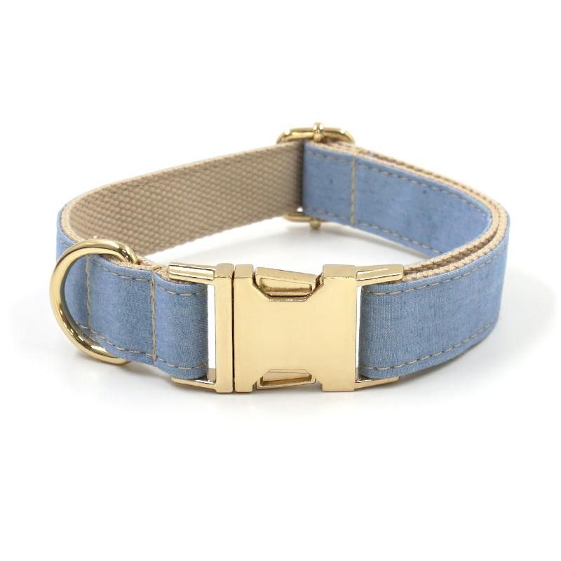 2021 New Hot Sale Private Label Light Denim Dog Harness Custom Harness Dog Collar Metal Gold with Matched Poop Bag Holder