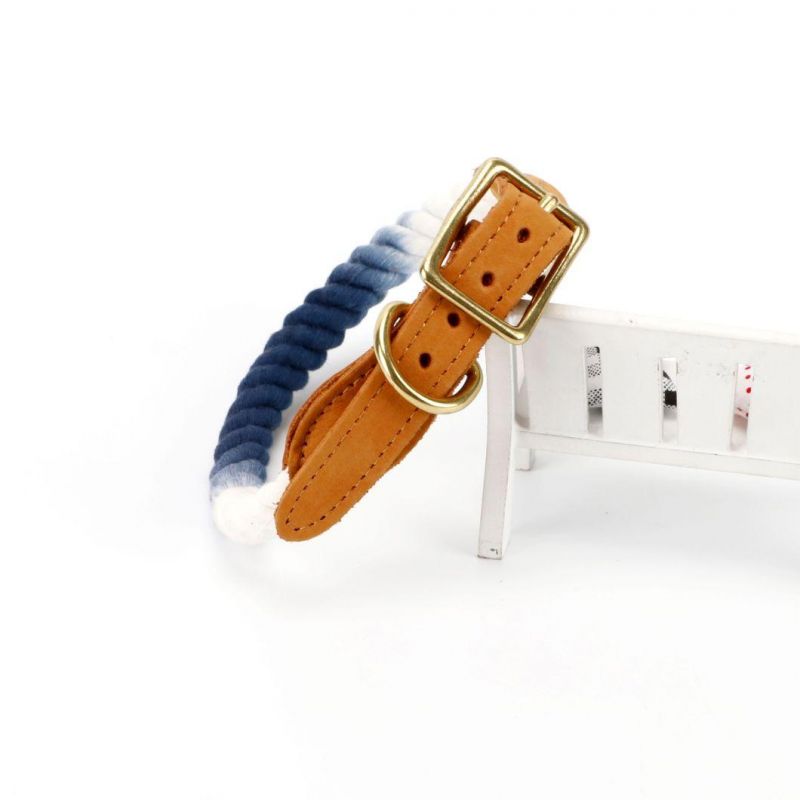 Personalized Rope Cotton Dog Collar with Genuine Leather