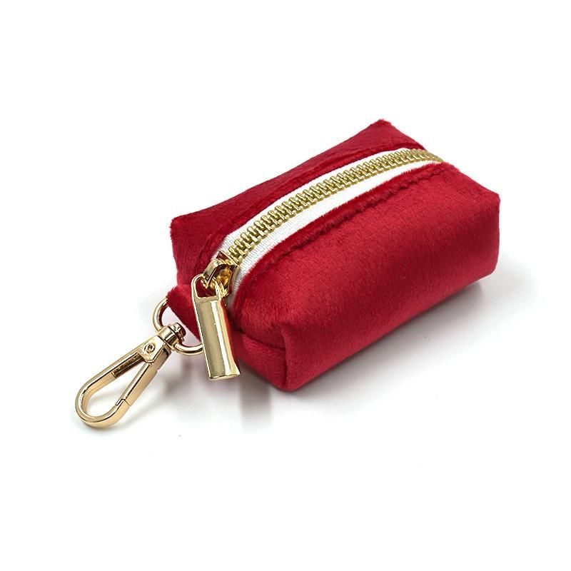 Red Velvet Dog Poo Bag Pouch High End Factory Luxury Custom Poop Bag Holder Private Label Christmas Gift Pet Poop Bag Dispenser