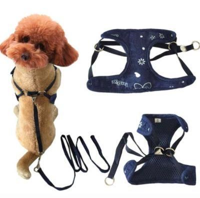 Low Price Fashion Dogs Jeans Blue Clothes Perros Accesories Pets Doggy Jean Harnesses Flower Belt Vest Set Dog Harness and Leash