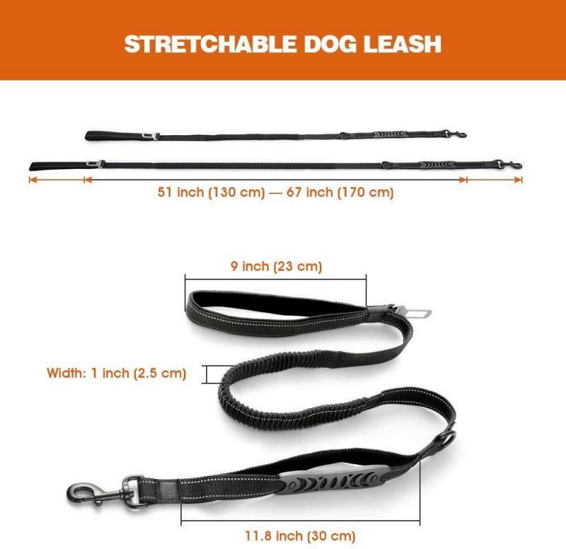 Bungee Dog Walking Leash, 5.6FT Heavy Duty with 2 Control Handles & Car Seat Belt