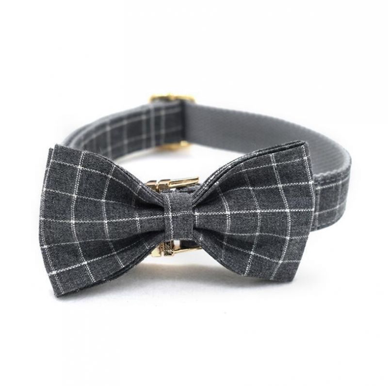 Grey Plaid Soft Polyester Dog Collar Pet Product