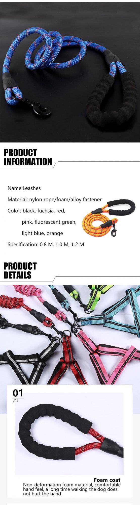 Large Dog Rope Reflective Leash Walking Pet Collar Traction Round Climbing Nylon Traction Leash