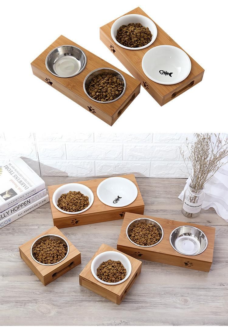 Bamboo Water Bowls Stand Feeder with 2 Stainless Steel Bowls and Anti Slip Pet Bowls for Cats and Dogs